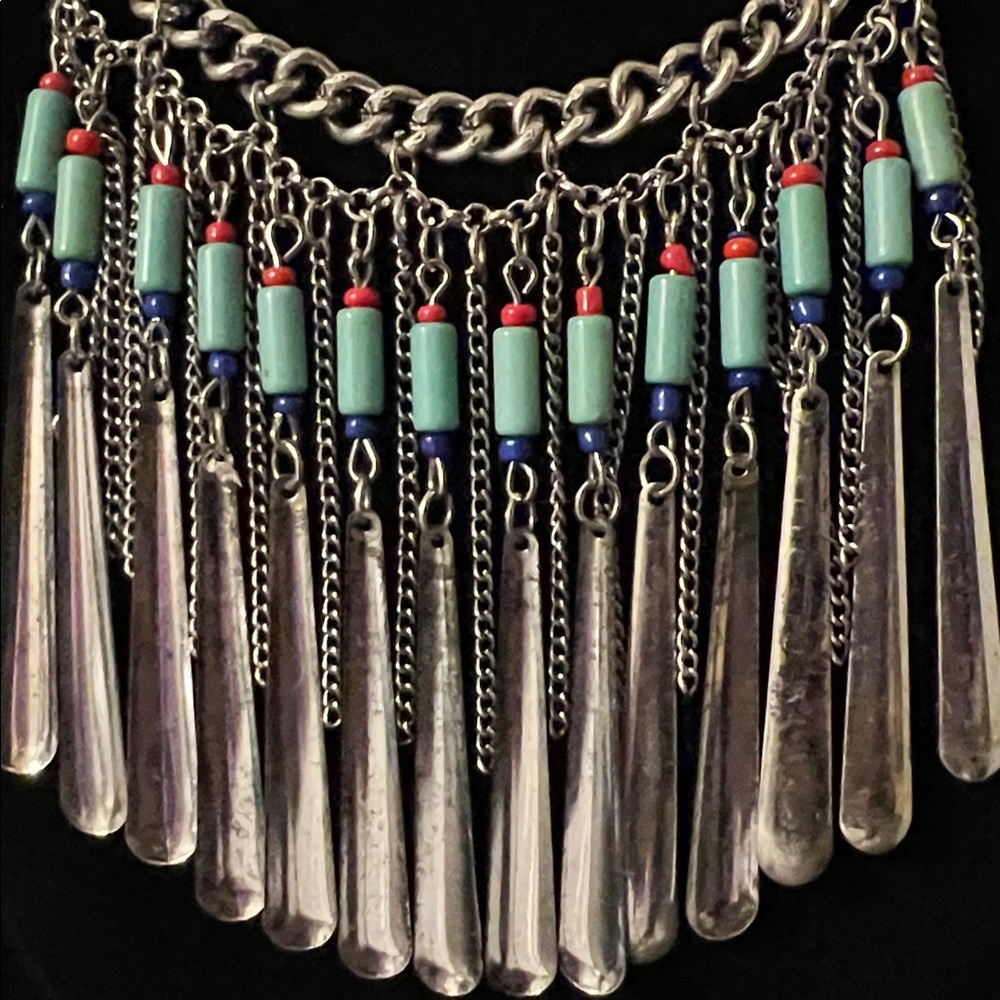 Vintage Silver Blue Statement Necklace Fully Adjustable Drop Length to 10” - Picture 2 of 7